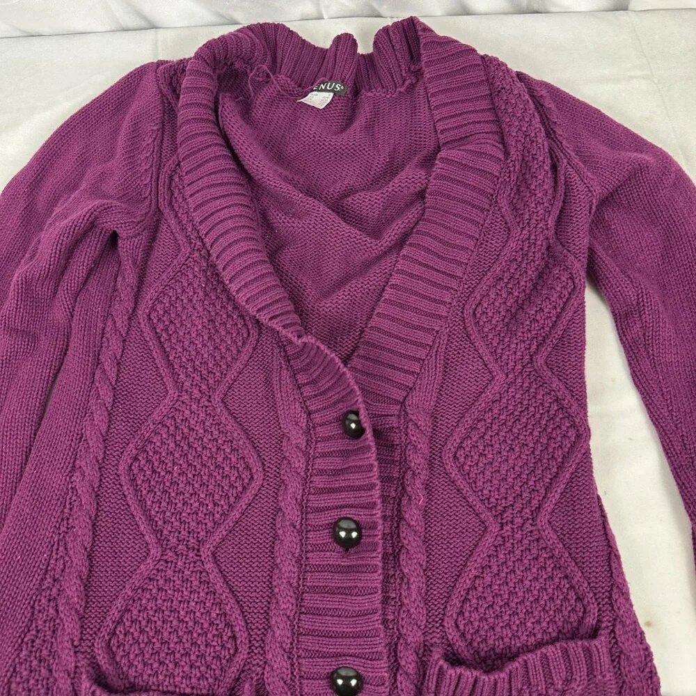 Women's Venus Purple Cardigan Sweater Size M Cable Knit Button-Front W/ Pockets